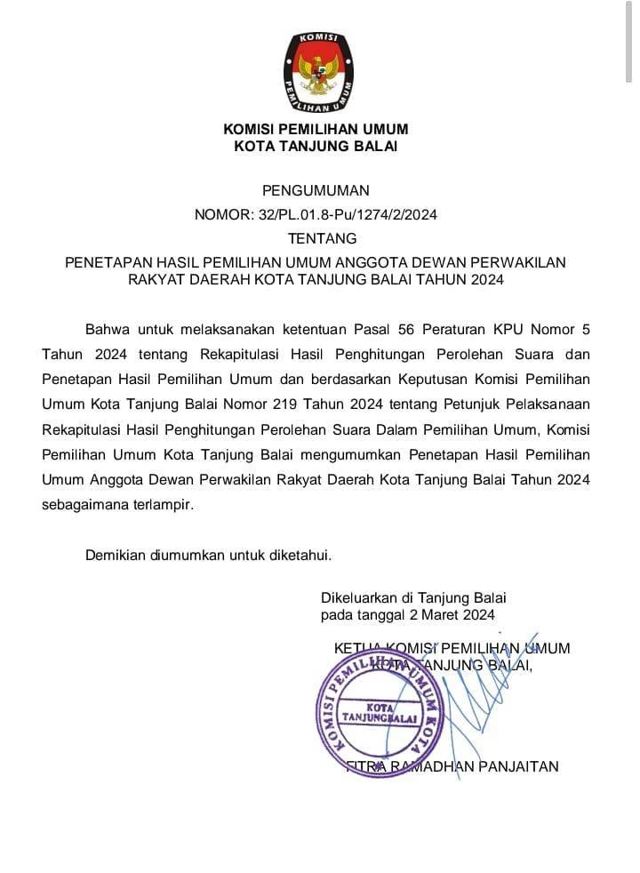 Penetapan Perolehan Suara DPRD Tanjungbalai, Golkar Terbanyak Disusul PDIP dan PKB