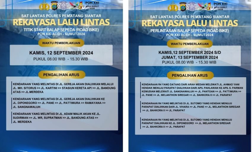 Balap Sepeda PON, Rekayasa Lalulintas akan Diterapkan Selama 2 Hari di Pematangsiantar