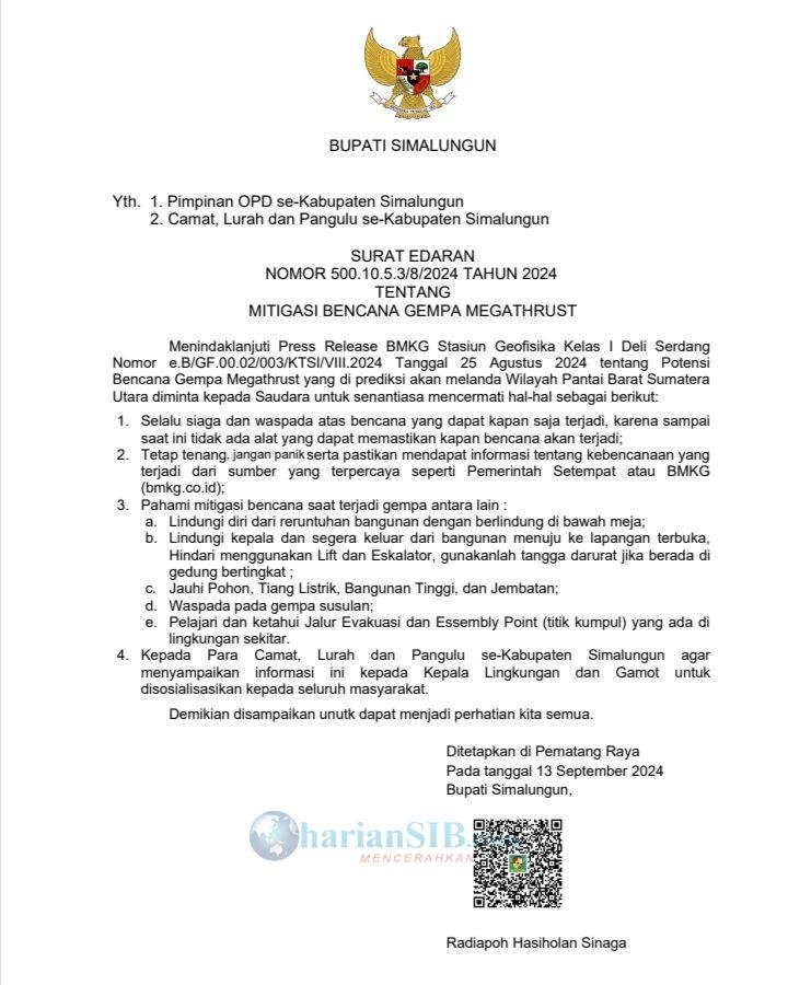 Bupati Simalungun Keluarkan Surat Edaran Waspada Gempa Megathrust