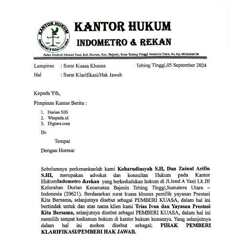 Hak Jawab Trias Ivan dan Yayasan Prestasi Kita Bersama Terkait "Orang Tua Casis Bintara Polri yang Merasa Ditipu Melapor ke Polres Tebingtinggi "