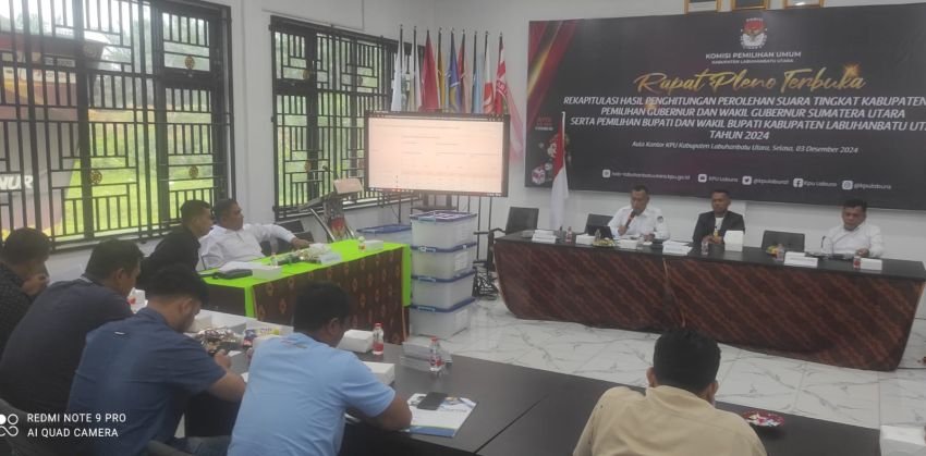 Rapat Pleno Penghitungan Suara Pilkada 2024 di Kantor KPU Labura Lancar, Saksi Eddy-Hasan Tidak Ikut Tandatangani Hasilnya