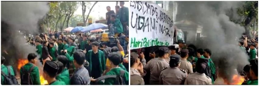 Dua Gelombang Aksi Unjuk Rasa "Kepung" Gedung DPRD SU, Mahasiswa Bakar Ban Bekas