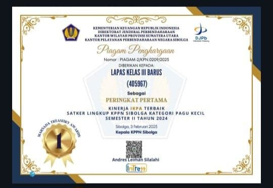 Lapas Barus Raih Penghargaan IKPA Terbaik Lingkup KPPN Sibolga