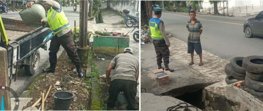 Antisipasi Banjir, Personel Pos Pam 1 Bersihkan Gorong-gorong Jalan Medan
