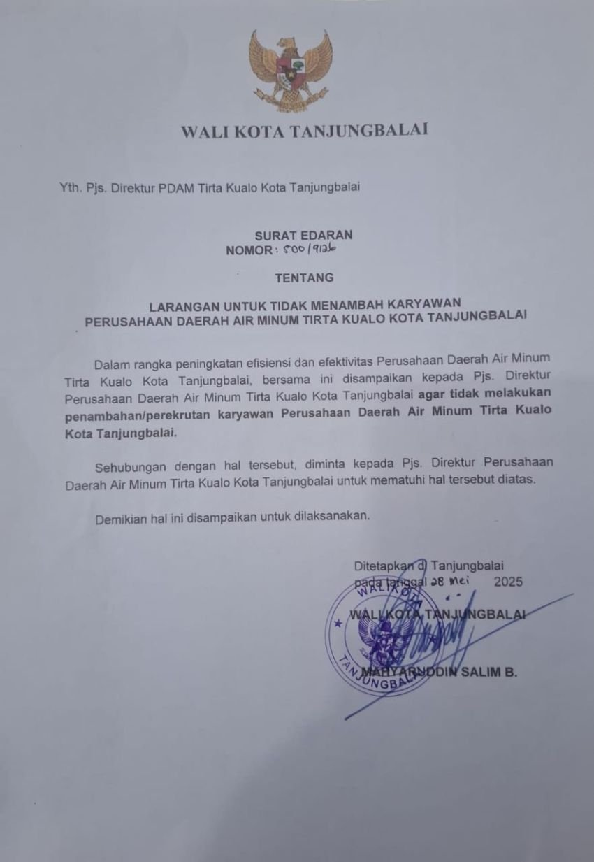 Wali Kota Keluarkan Surat Edaran Larangan Penambahan Karyawan di PDAM Tirta Kualo Tanjungbalai